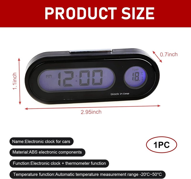 Eratus 1 PC Car 2.95" x 1.1" x 0.7" Digital Clock with Thermometer, Angle Adjustable Dashboard Vent Mini LCD Luminous Large Screen Clock, Black - Image 2